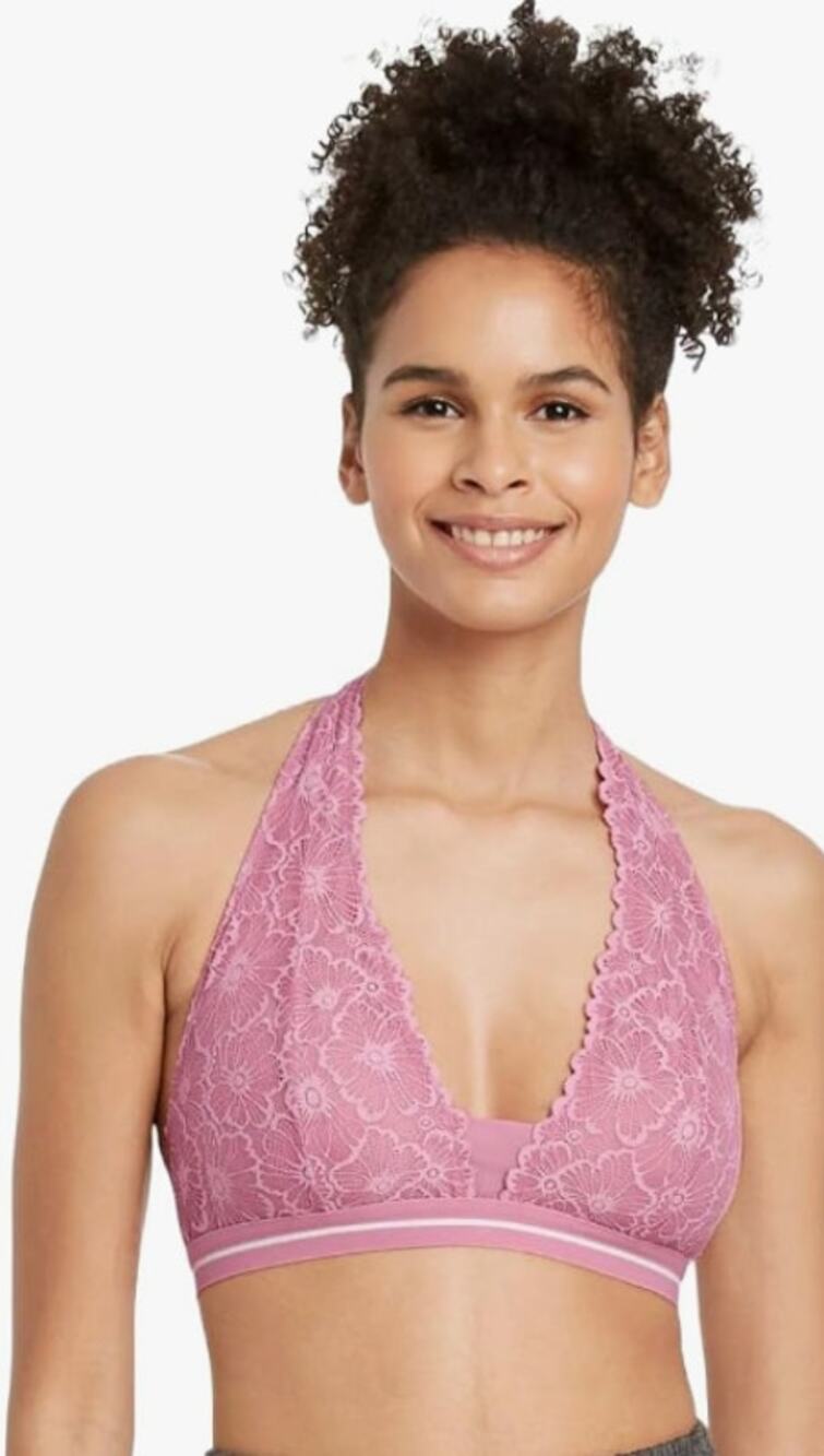 XL Colsie halter bralette wireless pink flower floral lace wide strap lingerie